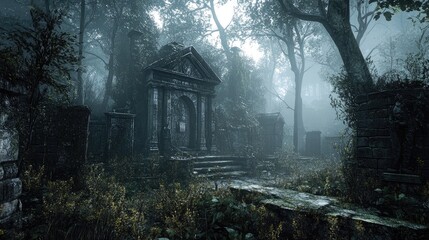 Mysterious Graveyard with Overgrown Tombstones and Monuments in a Foggy Forest Setting