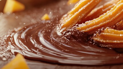Delicious churros with rich melted chocolate sauce beautifully arranged on a rustic wooden surface for a tempting dessert display.