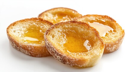 Toasted bread slices with melted butter and honey on a plain white background for a delicious culinary presentation