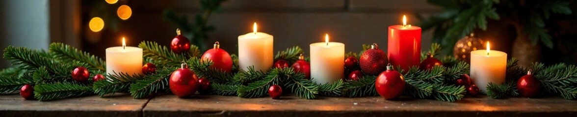 Decorated table with candles and evergreen branches, holiday decor, festive centerpieces