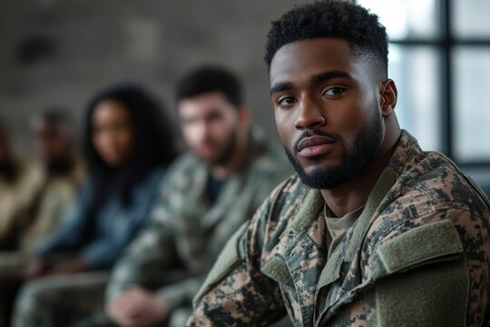 Depressed military man talks during group therapy meeting at mental health center. Generative AI