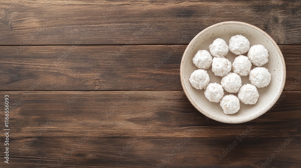Poster delicious snowball cookies arranged in a ceramic bowl on rustic wooden table flat lay with ample spa