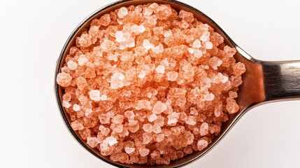Himalayan pink salt in a metal measuring spoon on a white background, showcasing the distinct texture and color of the salt crystals