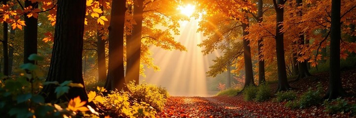 Warm sunlight filters through the autumn forest canopy, nature, foliage, sunny light