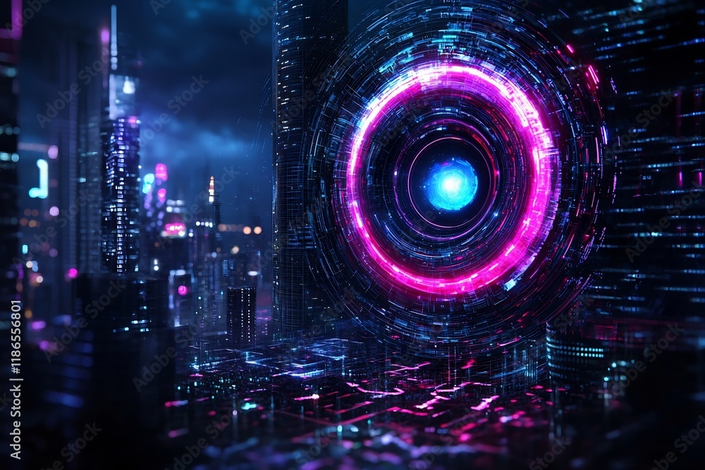 Poster radiant digital cityscape with pulsing kaleidoscopic quantum phenomena glowing synergistic landscape