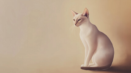 Digital painting of an Oriental Shorthair cat with big ears sitting elegantly against a soft background with copy space
