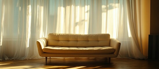Stylish contemporary living room with a bright sofa and natural light filtering through sheer curtains for home decor inspiration