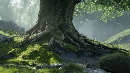 Tangled roots of an ancient tree entwined with lush moss in a misty serene forest setting