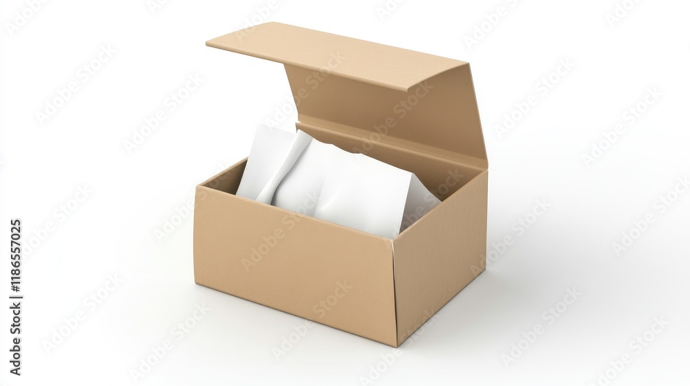 Poster tissue box with open lid displaying blank label and white tissue papers on a clean white background