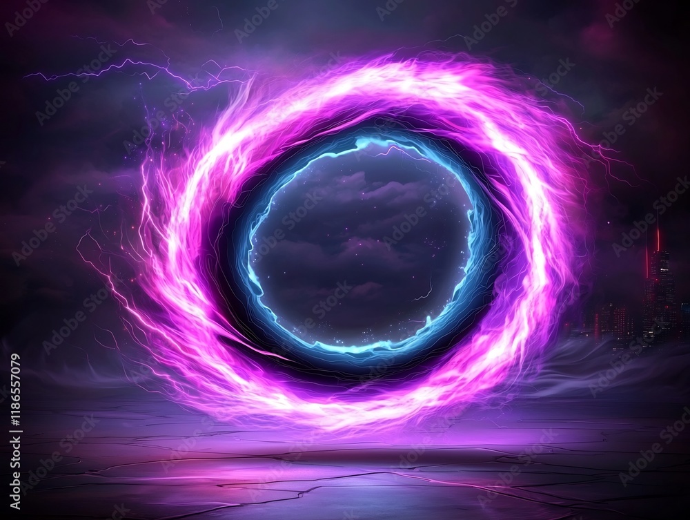Poster enigmatic quantum vortex swirling plasma particles ignite neon hued ribbons pulsating luminous curre