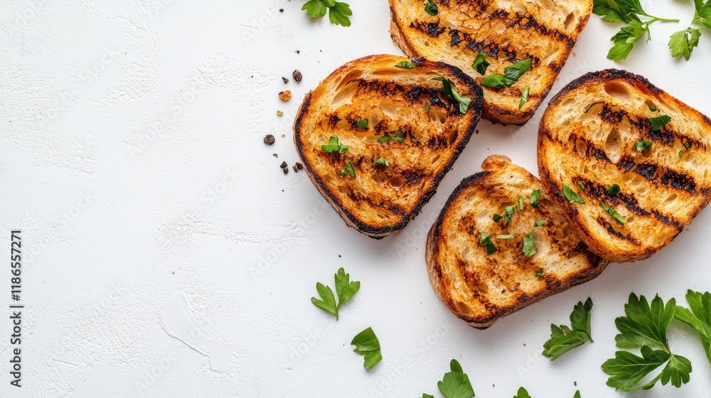 Poster toasted bread slices garnished with fresh parsley on a white background showcasing appetizing textur