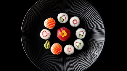 Sushi platter featuring assorted rolls and sashimi elegantly arranged on a black background viewed from above