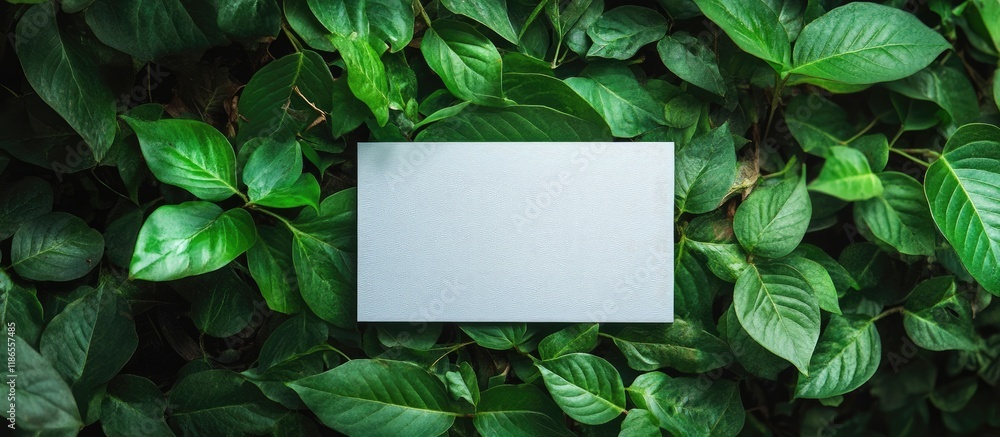 Poster white notepad on green leaves flat lay with empty space for text and creative design ideas in nature