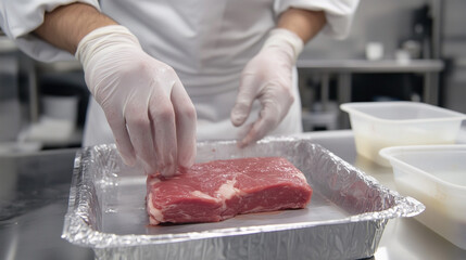 A man is preparing meat in a kitchen
