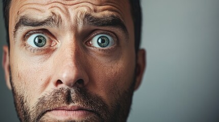 Fototapeta premium Close up of a man displaying a tired facial expression with wide eyes against a neutral background
