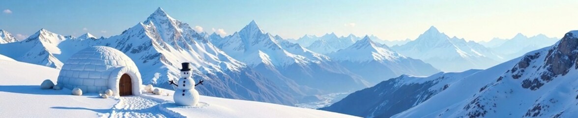 Obraz premium A majestic snow-covered mountain range in the background with an igloo and snowman in the foreground, expansive, mountains