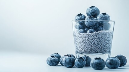 Chia seed pudding with fresh blueberries in glass cup on light background nutritious dessert concept