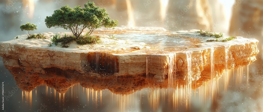 Poster a floating island with a small tree and pond waterfalls into the misty unknown. ideal for fantasy or