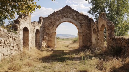 Historic ruins of an ancient church surrounded by nature showcasing architectural remnants and scenic landscape under a clear sky