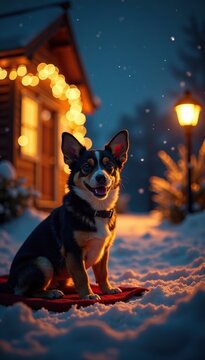 Cachorro sentado ao lado de uma menina sorrindo em frente a um jardim iluminado na noite de Natal, noite, festa