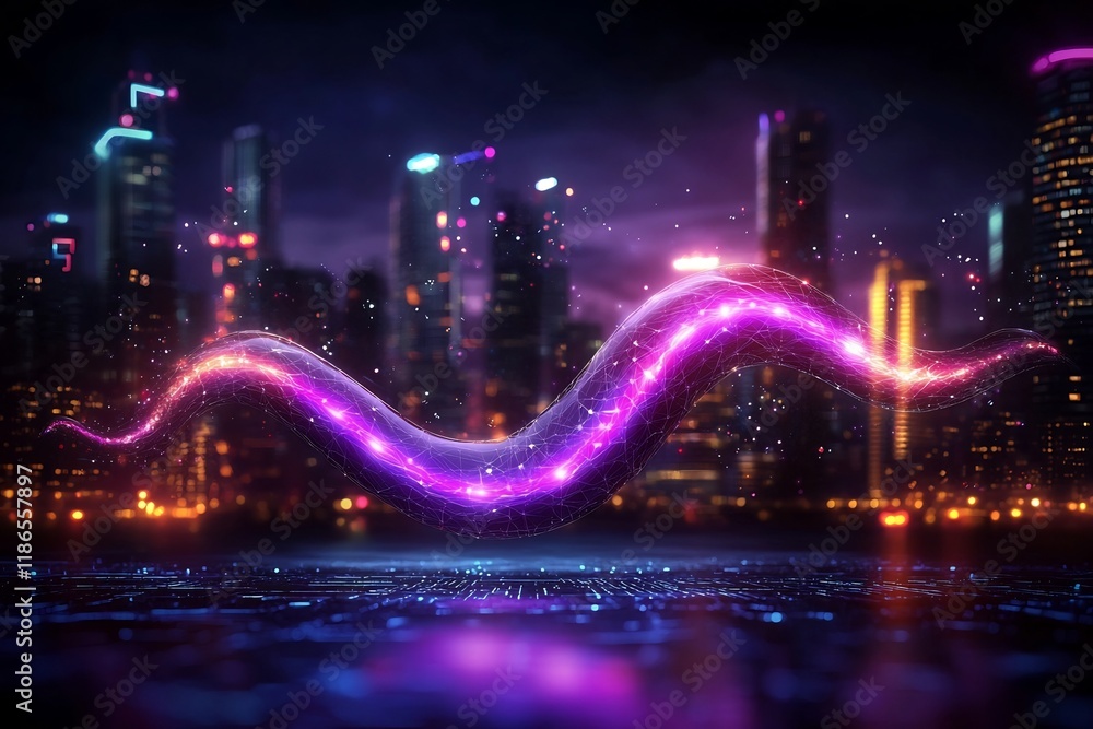 Poster mesmerizing digital abstract of a luminous energy wave with pulsating quantum phenomena towering hig
