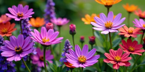 Obraz premium Purple flowers in a garden amidst other colorful blooms, arrangement, mix, wildflowers