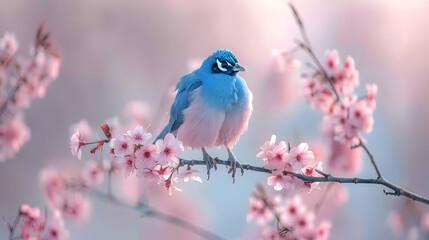 Obraz premium Peacock sitting on branch of blossom cherry tree