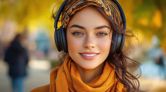 Young woman enjoys music outdoors in autumn during daytime, showcasing vibrant fall colors and a joyful expression