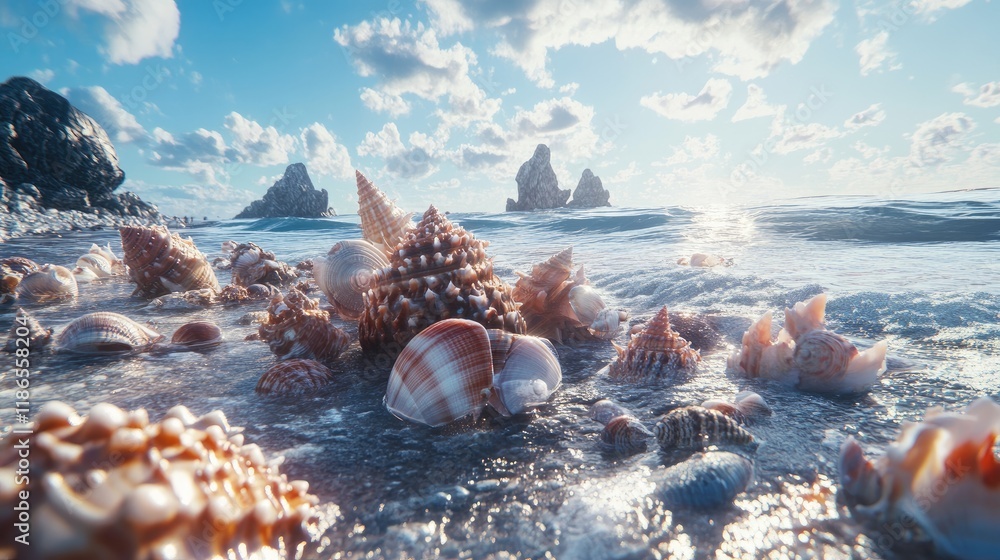 Aufkleber vibrant coastal scene showcasing an array of seashells on the shore with a serene ocean backdrop and