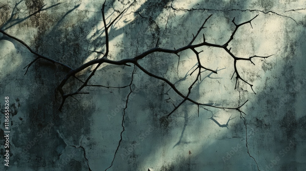 Poster shadowed branches against a cracked wall texture creating an artistic contrast in light and shadow f