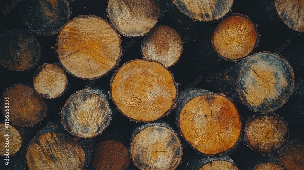 Poster timber logs stacked neatly in a lumber yard showcasing natural wood textures and patterns in a rusti