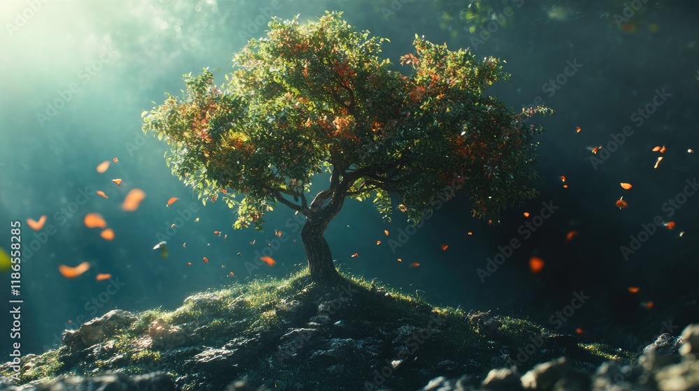 Poster majestic tropical tree surrounded by ethereal light and floating leaves creating a serene and enchan