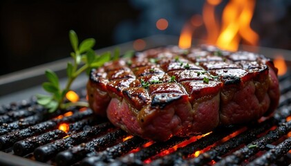 Charred bison ribeye on grilled surface with sparks and embers, fire, grill marks