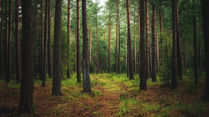 Fototapeta premium Serene Tropical Pine Forest with Tall Trees and Lush Underbrush in Natural Light