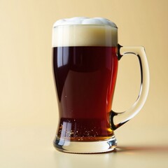 A glass mug filled with dark beer contains sediment at the bottom, mug, brown color
