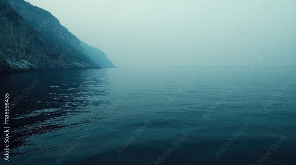 Poster serene coastal landscape at dawn and dusk with calm waters and misty mountains in the background cre