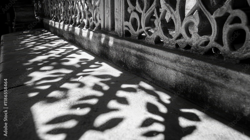 Poster intricate shadows cast by ornate fence railings on a stone surface in black and white creating a dra