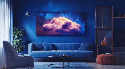 Dreamy Cloud Canvas in Blue Living Room: A calming and stylish living room interior with a large abstract canvas depicting a dreamy cloud formation in a vibrant sky. The piece serves as a focal point.