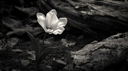 Elegant white tulip blooming amidst rustic garden elements in soft monochrome tones