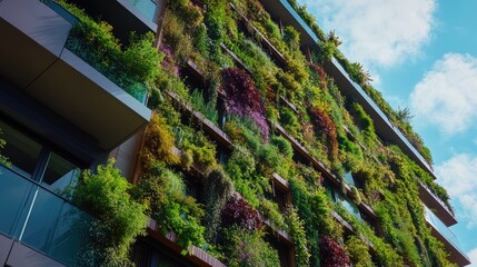 Vertical Garden on Urban Building Showcasing Sustainable Living with Lush Greenery and Modern Architecture Against a Blue Sky