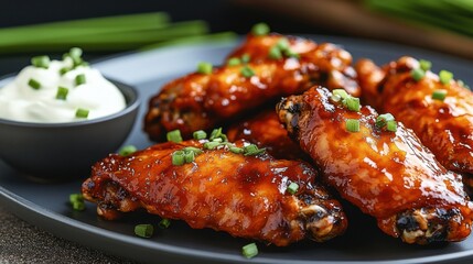 Fototapeta premium Deliciously glazed chicken wings served on a black plate with creamy dip and garnished with fresh chives