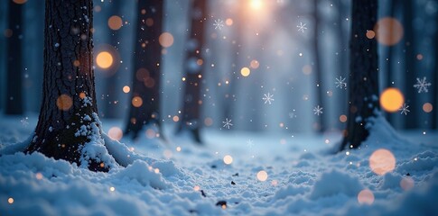 Winter forest scene with glowing snowflakes and bokeh circles amidst trees, magical, peaceful