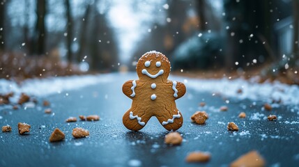 Gingerbread man on snowy road. (1)