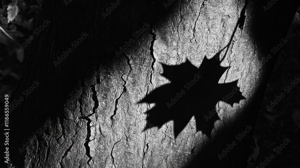 Poster leafy branch shadow cast on the textured trunk of a large tree in monochrome showcasing nature's int