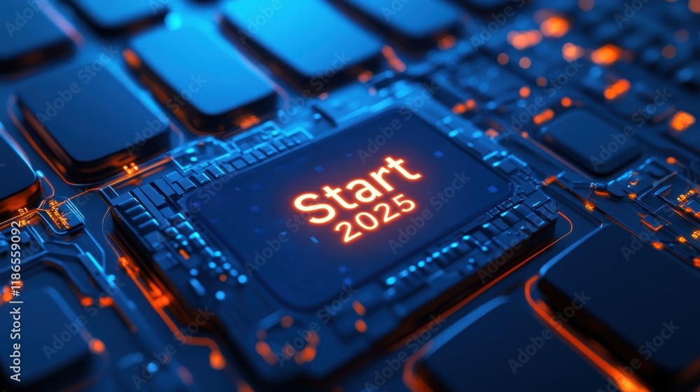 Poster start 2025: technology new beginning. a close-up view of a futuristic computer chip