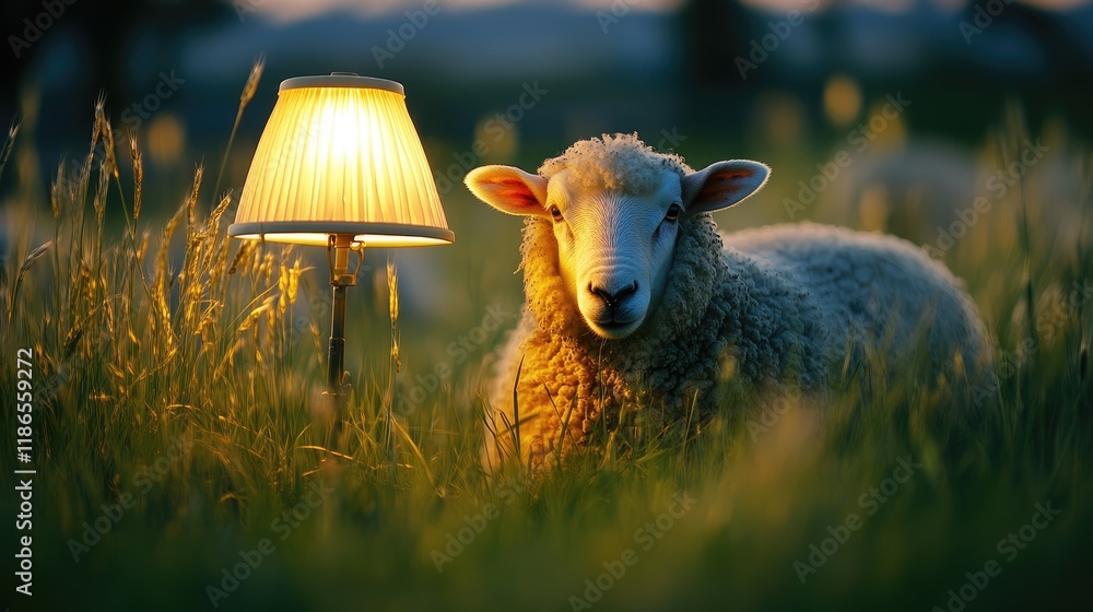 Poster sheep beside a lamp in a lush green field during twilight creating a serene and whimsical rural atmo