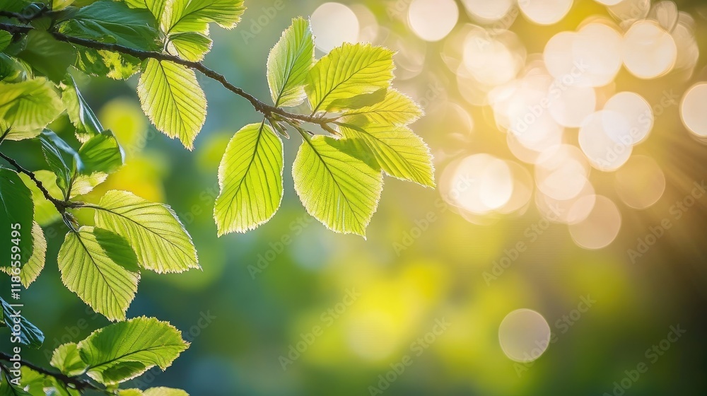Poster soft blurred green background with bokeh effect featuring leaves and gentle light rays evoking sprin