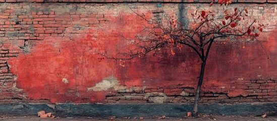 Obraz premium Textured red brick wall with rustic charm perfect for photography or design projects featuring an artistic tree silhouette.
