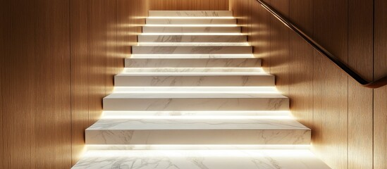Naklejka premium Elegant marble staircase highlighted by hidden LED lights beneath wooden wall enhancing a warm and inviting atmosphere in modern architecture