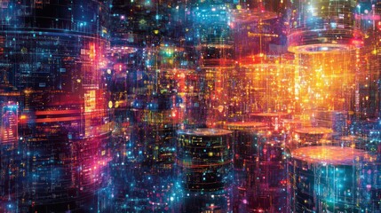 Fototapeta premium Abstract digital city with glowing data streams and colorful cylinders.